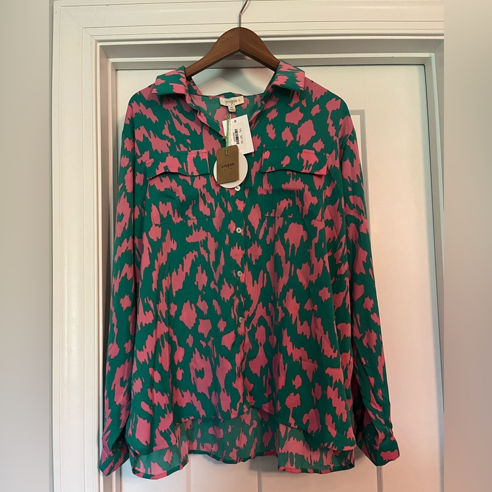1XL, Umgee long sleeve button up, pink and green top, Brand new w with tags